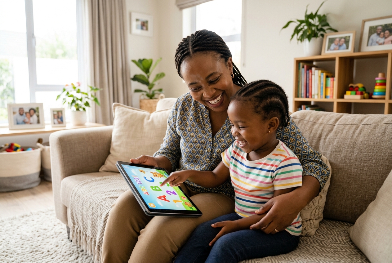 Ethiopian mother and child learning English together on a tablet in Oromia